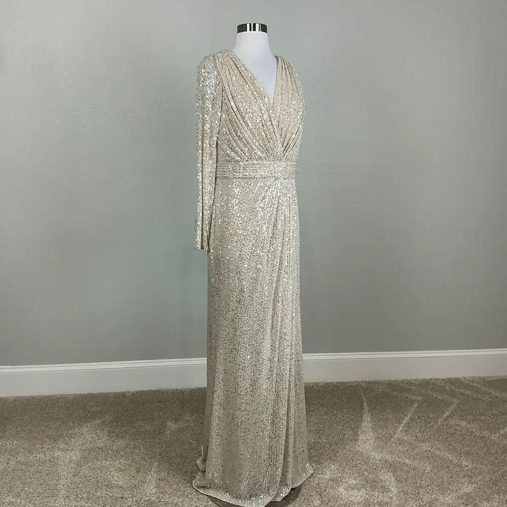 Mac Duggal 26490 Champagne Gold Evening Gown Sequined Long Sleeve Dress Size 16